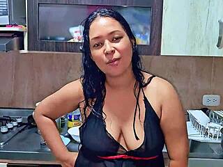 Horny Colombian Stepmom Suggests Squirting Orgasm in Kitchen with Natural Tits