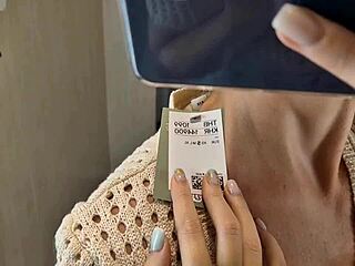 I try on completely see through transparent clothes in the shopping mall changing room for public fetish excitement and spying thrills