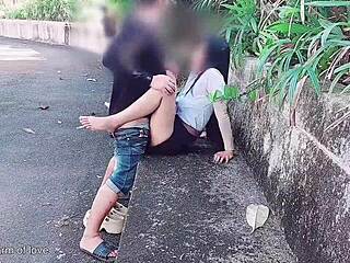 Student Fucks Skinny Girlfriend Roughly in Public Park