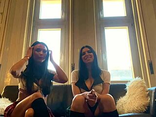 kira queen and anissa kate take big cock blowjob and creampie in lingerie threesome