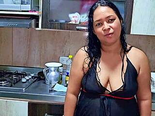Horny Colombian Stepmom Suggests Squirting Orgasm in Kitchen with Natural Tits
