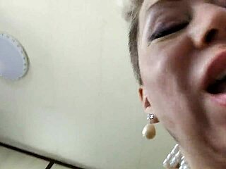 cute russian blonde milf bride in wedding dress gives blowjob to mature husband with monster cock then rides him to orgasm with hot close-ups of tits and cumshot on pearl necklace