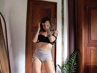 stretching in yoga pants getting horny wetting pants fingering ass inserting butt plug in solo play