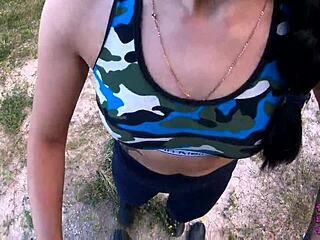 outdoor blowjob in middle of nowhere with brunette girlfriend sucking huge cock and swallowing cum