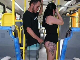 Watch this old creep flash and masturbate until he cums on the curvy brunette inside the bus!