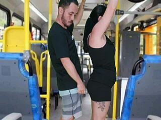 Watch this old creep flash and masturbate until he cums on the curvy brunette inside the bus!