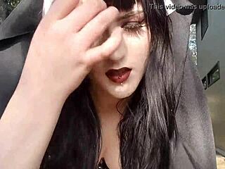 latex nun squats outdoors spreading legs wide releasing steady stream of piss onto ground