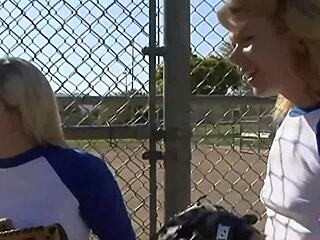 Two fit baseball players join horny blonde for dirty talk lesbian threesome with dildo licking orgasm