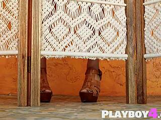 hot blonde milf strips lingerie outdoors then exposes petite pussy after amazing naked tease!