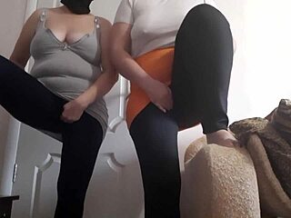 two amateur brunettes in leggings and skirts masturbate to squirting lesbian orgasms