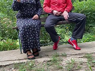 Curvy mother-in-law flashes tits and takes cum outdoors