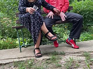 Curvy mother-in-law flashes tits and takes cum outdoors