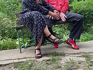 Curvy mother-in-law flashes tits and takes cum outdoors