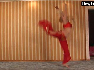 flexible belly dancer twists acrobatically in red dress routine