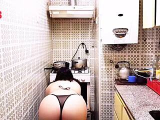 Curvy Colombian in apron gets fucked rough in kitchen by boyfriend