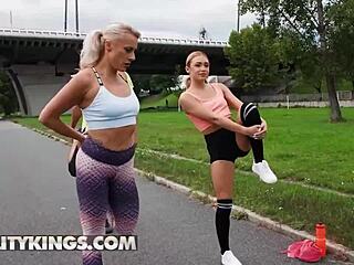 brittany bardot and rika fane pause jogging to ride nick's big cock cowgirl and doggystyle before cum on ass