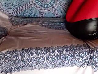 beautiful leggy milf in red pantyhose black heels