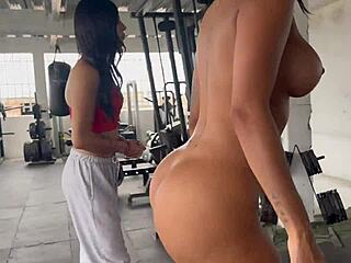 my trans trainer gets horny during naked squats touching my ass and tits!