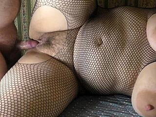 cuck's tiny dick slops into creampied milf wife mess