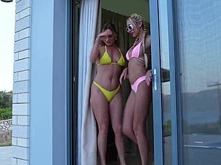 sharing hot morning golden showers outdoors with her