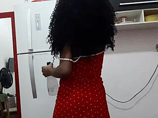 Petite ebony Latina teen stops cleaning for cute black guy's full creampie cumshot inside