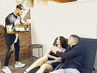 Skinny Mary Rock Swallows Cum in BBC Threesome with Waiter