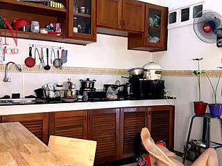 Humiliated housewife maid in pantyhose orgasms naked cooking juicy pussy exposed