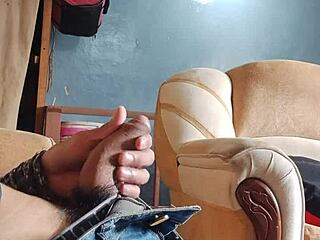 Young Latina amateur strokes her panties while sniffing my throbbing cock in living room solo masturbation