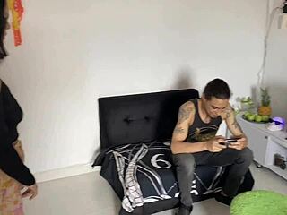 my hot neighbor sits on me to play free fire but wants my big cock instead