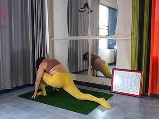 regina noir yogis in yellow tights sans panties at gym