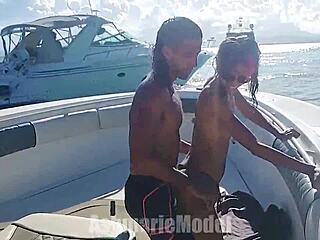 hairy babe shakes bikini beaver on boat dance